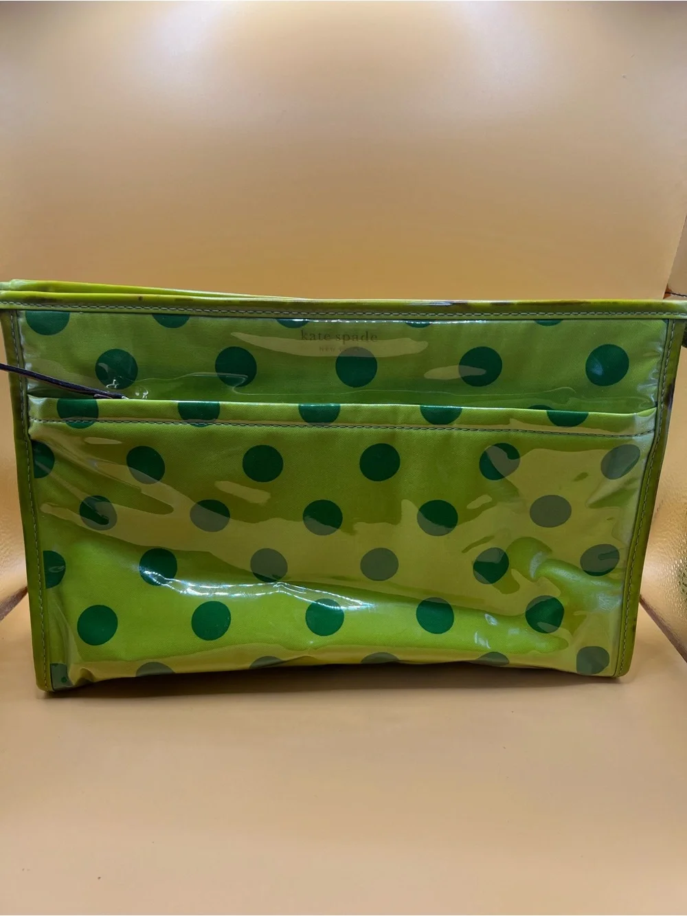 Kate Spade Le Pavillion Makeup Case Green Polka Dot Front Zip Pouch 12x8